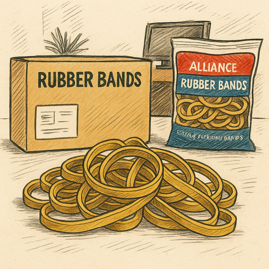 Hand-drawn illustration showing a pile of Alliance Rubber Bands in the foreground, with a bulk case labeled “Rubber Bands” and a smaller retail pack in the background.
