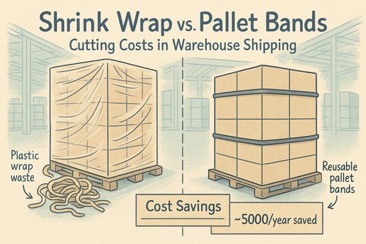 Hand-drawn illustration comparing pallet bands and shrink wrap. One side shows shrink wrap waste, the other shows a clean, reusable pallet band securing a load. A chart highlights ~$5,000/year savings in warehouse packaging costs.
