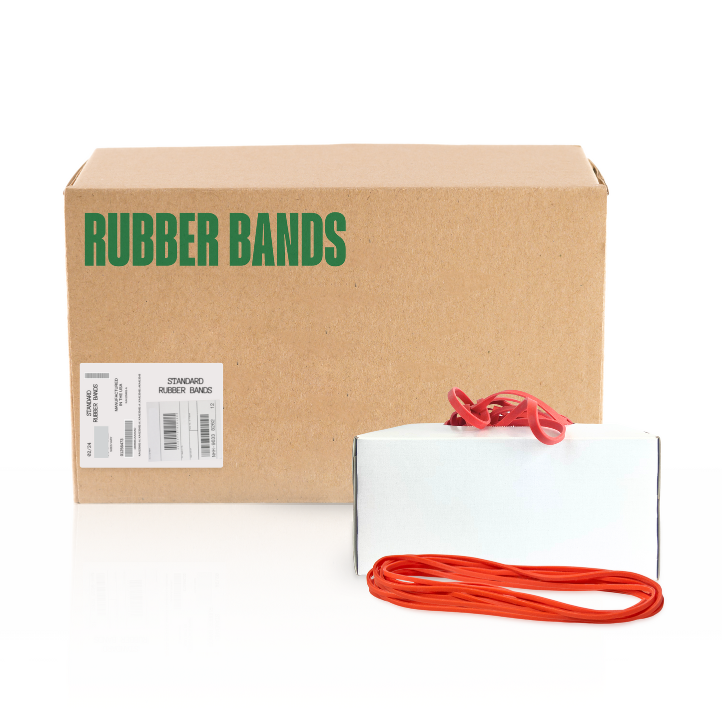 Bulk 25 lb case of red #142 Alliance Rubber Bands, used for produce packaging, large-item bundling, and warehouse inventory control.