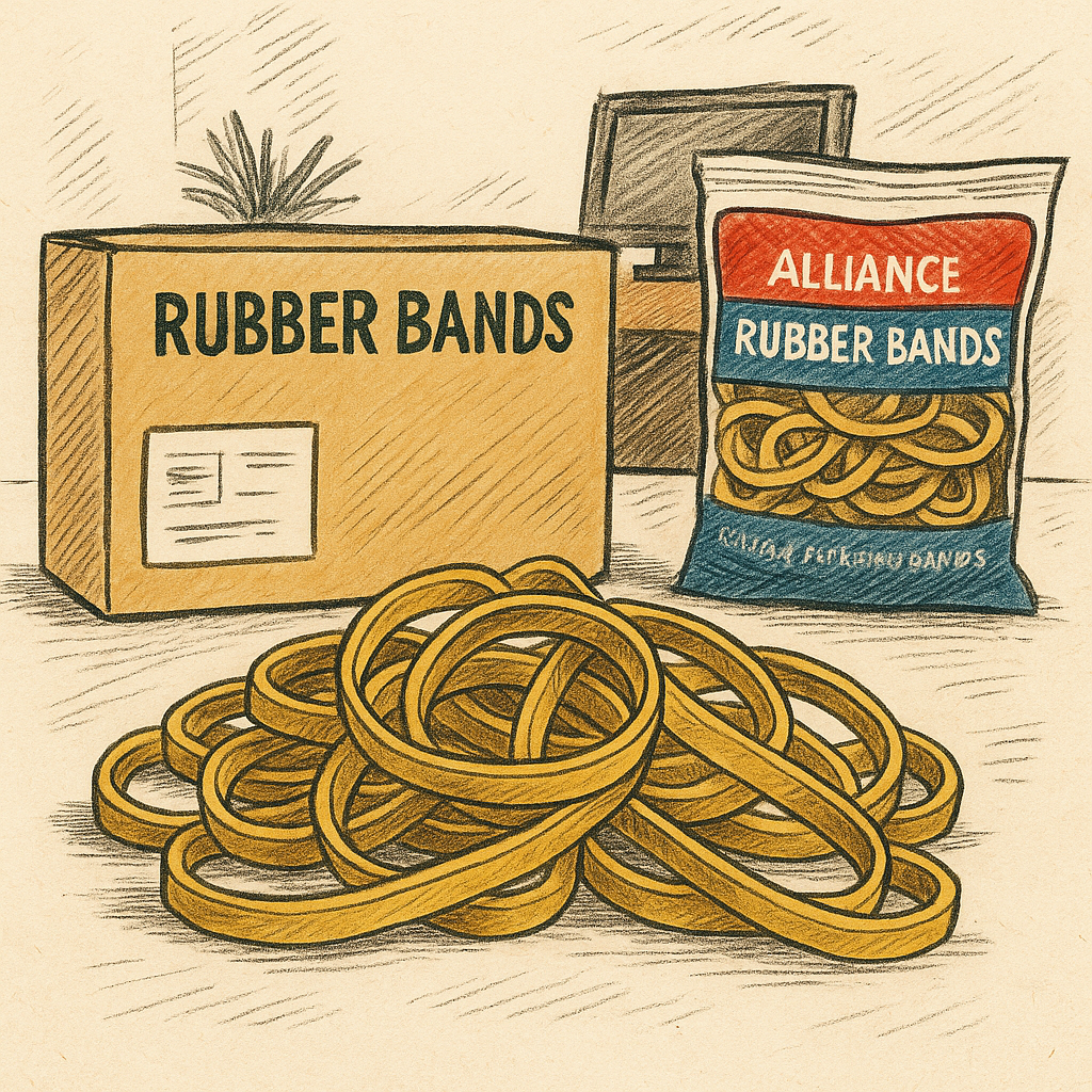 Hand-drawn illustration showing a pile of Alliance Rubber Bands in the foreground, with a bulk case labeled “Rubber Bands” and a smaller retail pack in the background.