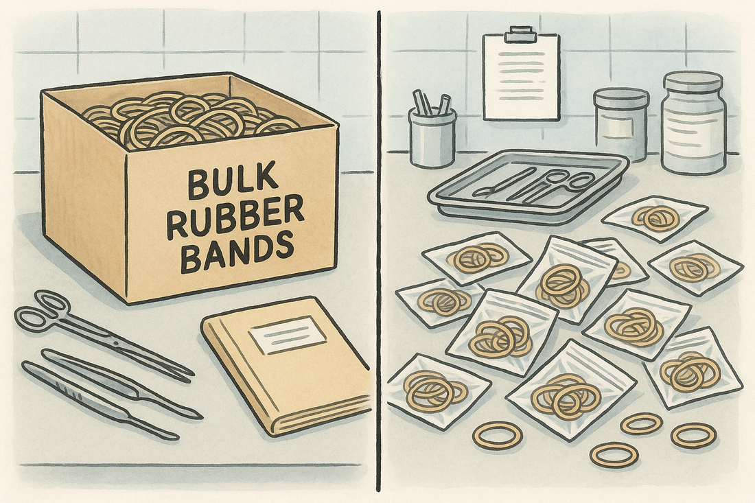 Hand-drawn illustration of bulk rubber bands neatly organized alongside medical instruments and patient files in a clean, clinical healthcare environment.