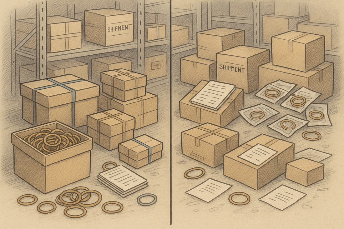 Hand-drawn illustration depicting rubber bands organizing shipments and documents neatly in a logistics warehouse, contrasted with a disorganized scene without bands.