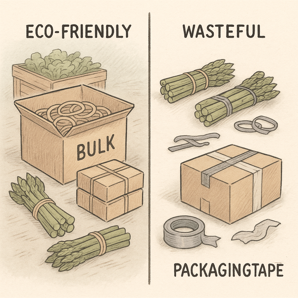 Hand-drawn comparison of eco-friendly packaging using bulk rubber bands vs. wasteful plastic twist ties and packaging tape in a farm or warehouse setting.