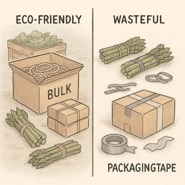 Hand-drawn comparison of eco-friendly packaging using bulk rubber bands vs. wasteful plastic twist ties and packaging tape in a farm or warehouse setting.