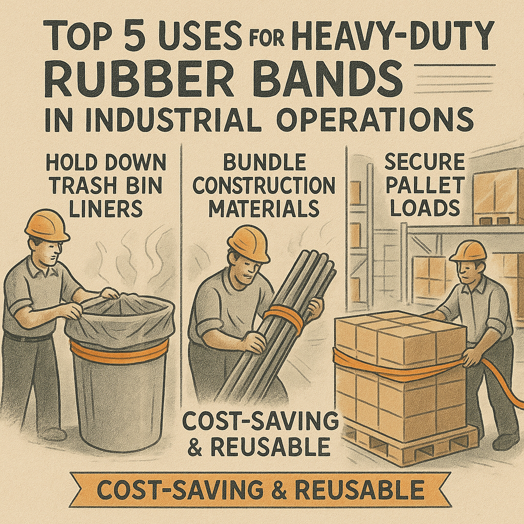 Hand-drawn illustration titled “Top 5 Uses for Heavy-Duty Rubber Bands in Industrial Operations,” showing workers using rubber bands to hold trash bin liners, bundle construction materials, and secure pallet loads. Emphasizes cost-saving and reusability.