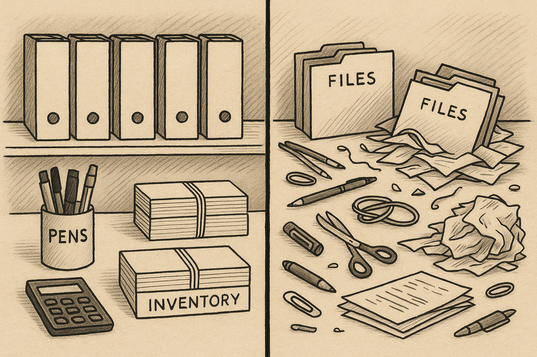 Hand-drawn illustration of an office workspace using rubber bands to neatly organize supplies, compared to a messy desk with scattered paper and supplies.