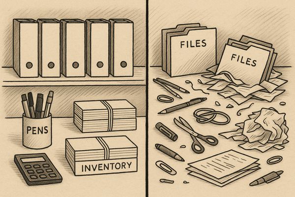 Hand-drawn illustration of an office workspace using rubber bands to neatly organize supplies, compared to a messy desk with scattered paper and supplies.