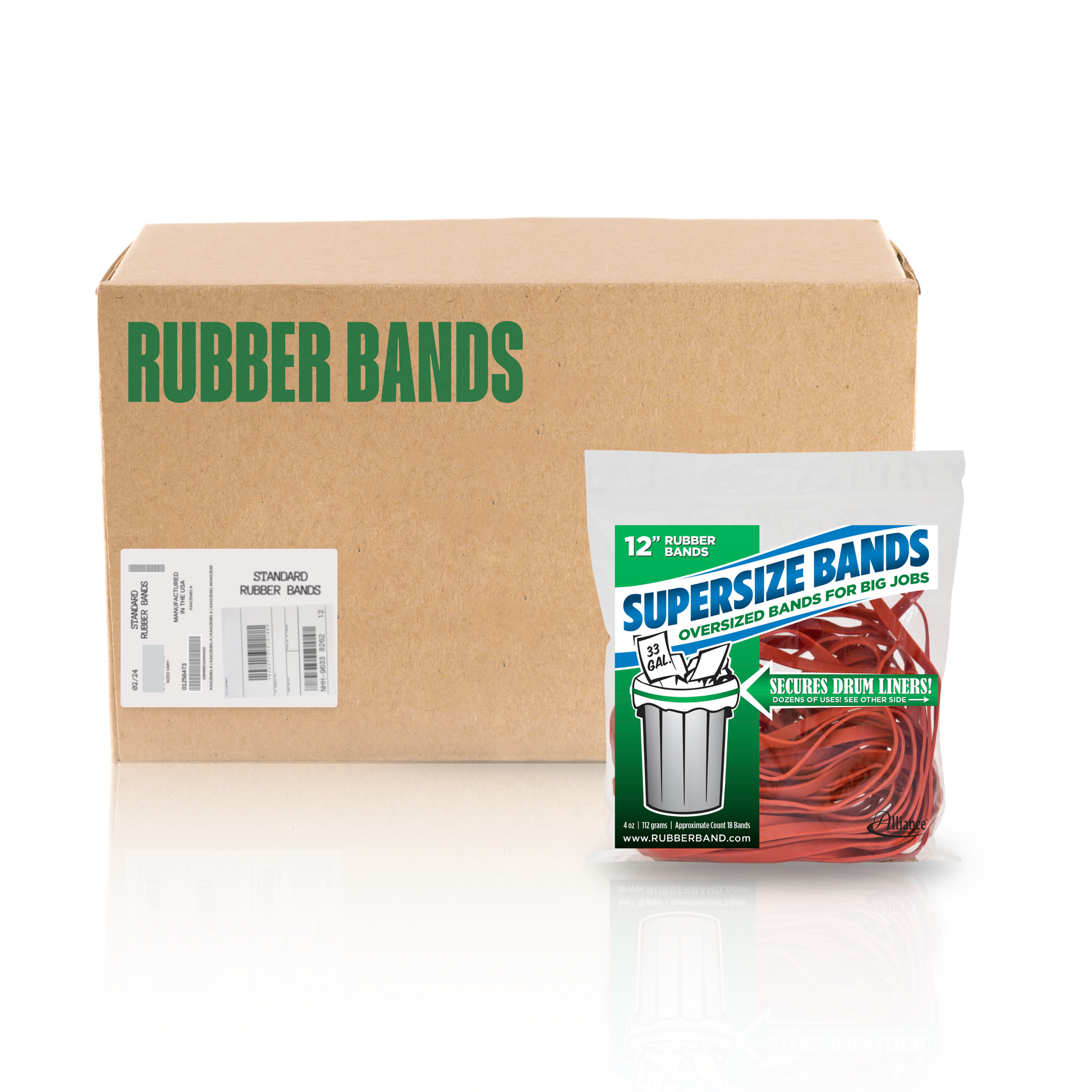 Bulk case of Alliance SuperSize 12" red rubber bands, 10 resealable bags, ideal for industrial bundling and packaging.