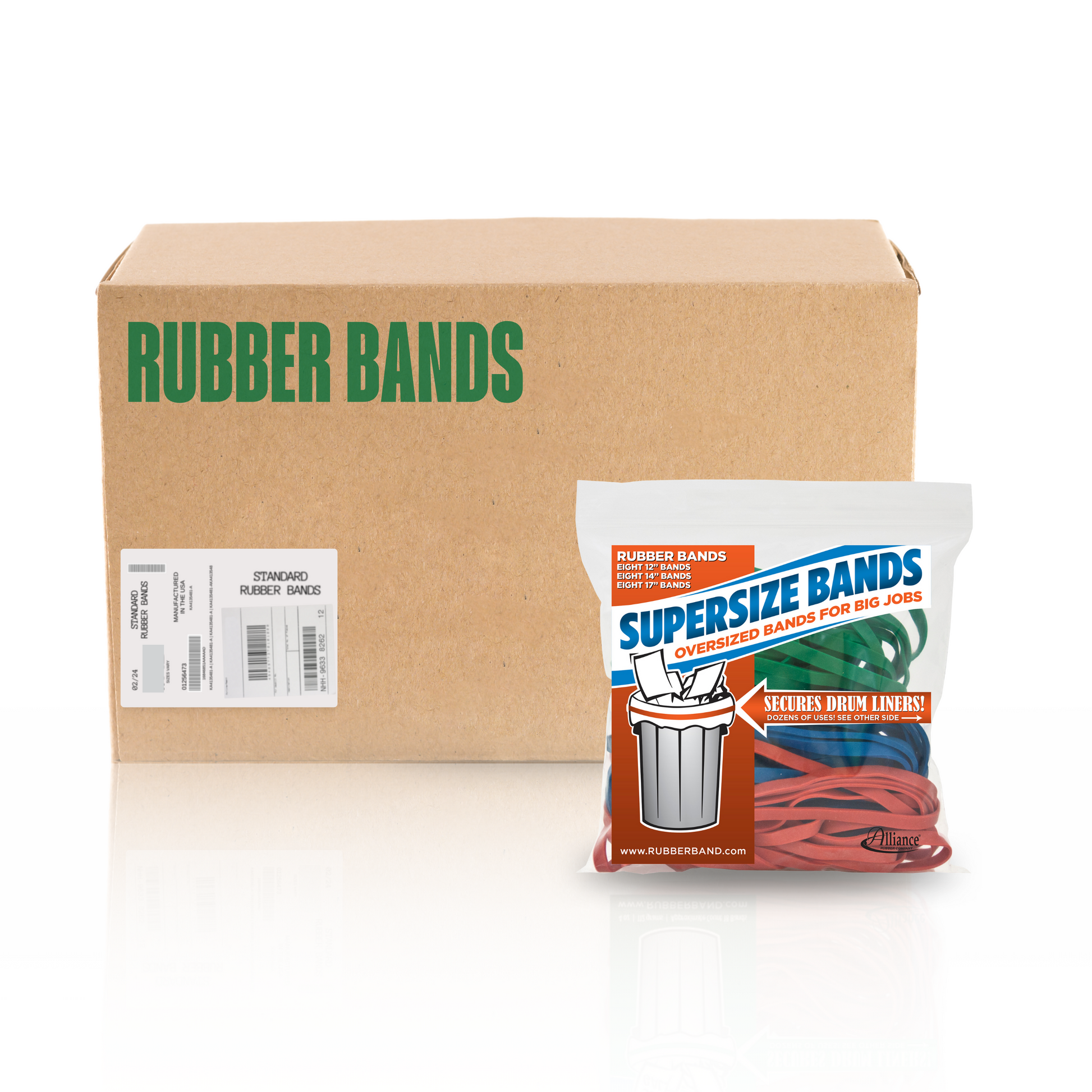 Case of Alliance SuperSize Rubber Bands variety packs featuring 12″, 14″, and 17″ bands in red, green, and blue, packaged in resealable bags for industrial use.