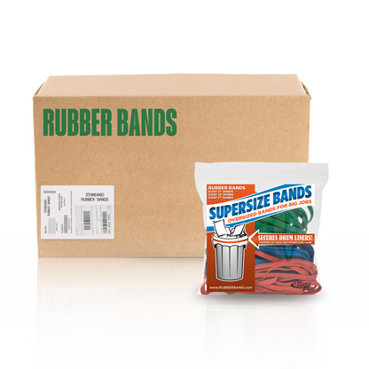 Case of Alliance SuperSize Rubber Bands variety packs featuring 12″, 14″, and 17″ bands in red, green, and blue, packaged in resealable bags for industrial use.