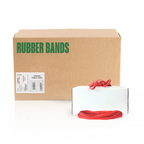 Bulk 25 lb case of red #170 Alliance Rubber Bands, used for warehouse packaging, produce bundling, and industrial material sorting.