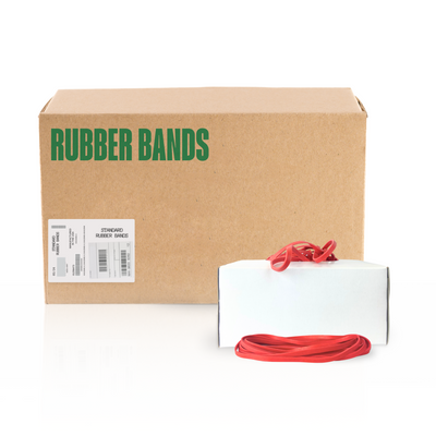 Bulk 25 lb case of red #170 Alliance Rubber Bands, used for warehouse packaging, produce bundling, and industrial material sorting.