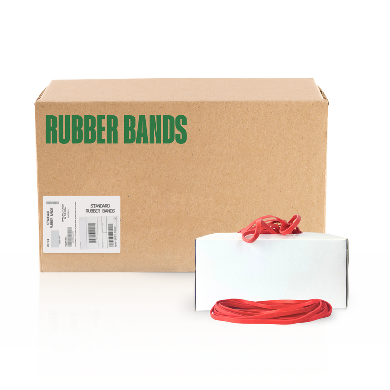 Bulk 25 lb case of red #170 Alliance Rubber Bands, used for warehouse packaging, produce bundling, and industrial material sorting.