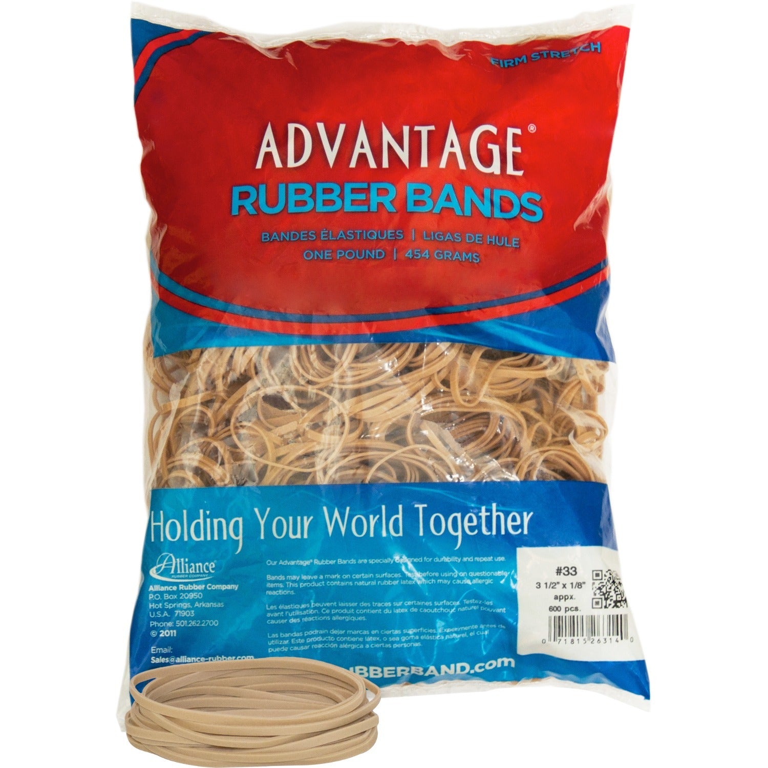 Alliance Advantage Rubber Bands, Size #33 (3-1/2" x 1/8"), Natural Crepe