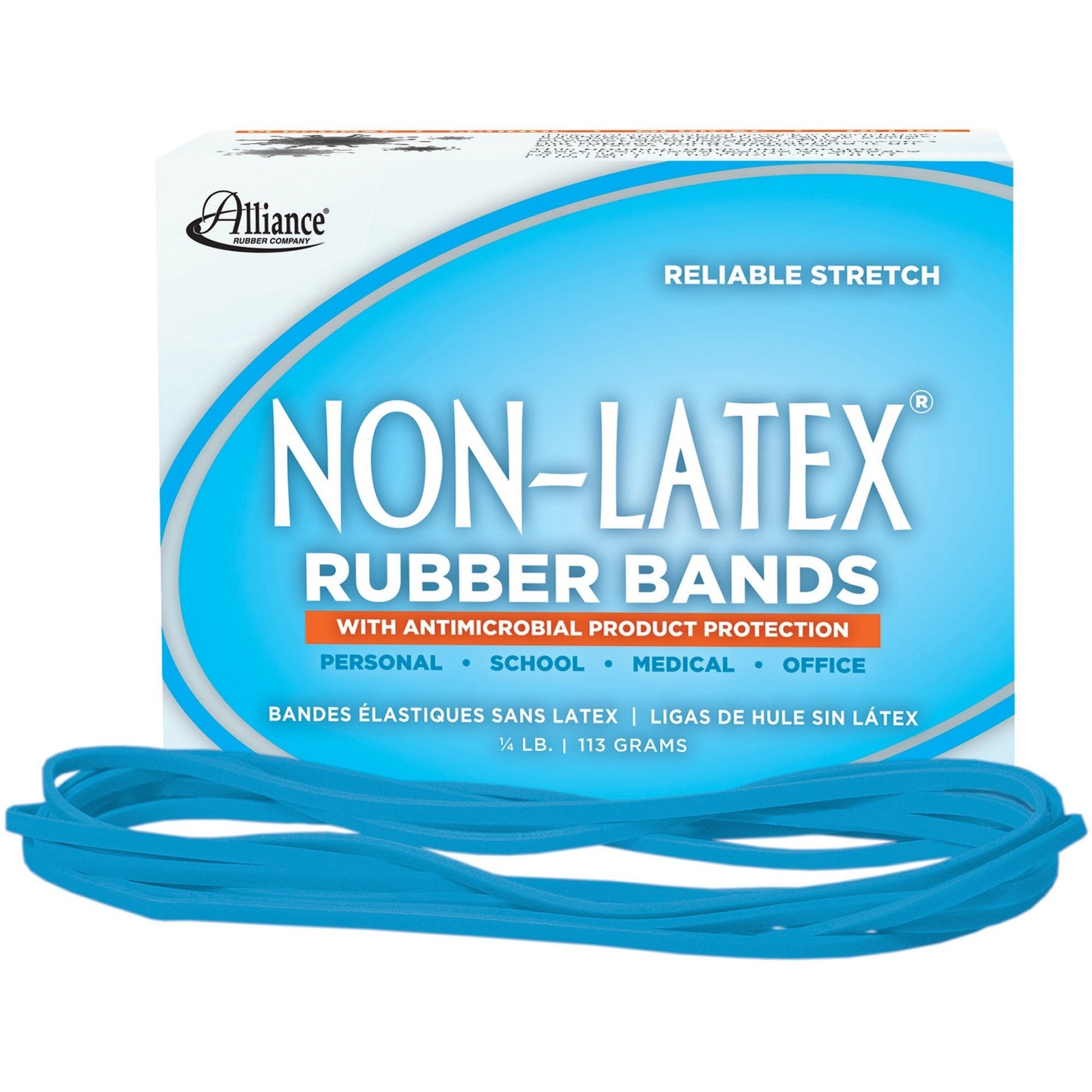 Alliance Non-Latex with Antimicrobial Protection Rubber Bands, Size #117B (7" x 1/8"), Cyan Blue