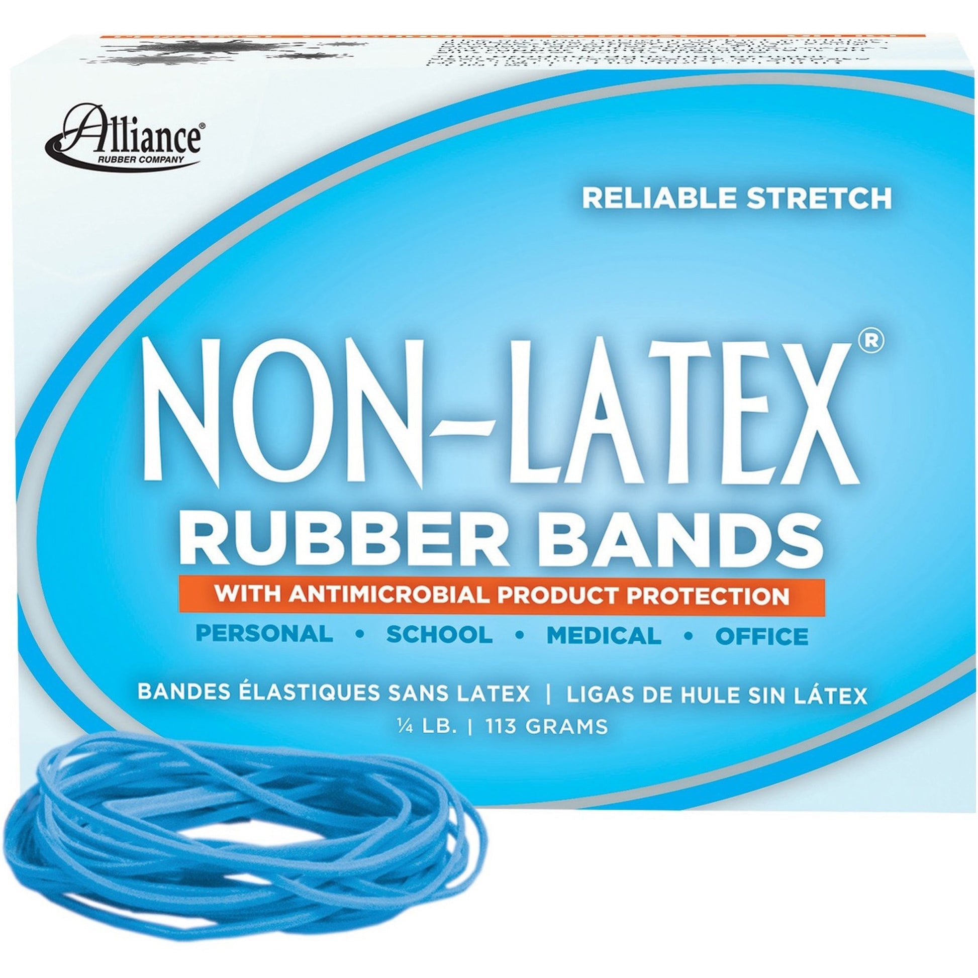 Alliance Non-Latex with Antimicrobial Protection Rubber Bands, Size #19 (3-1/2" x 1/16"), Cyan Blue