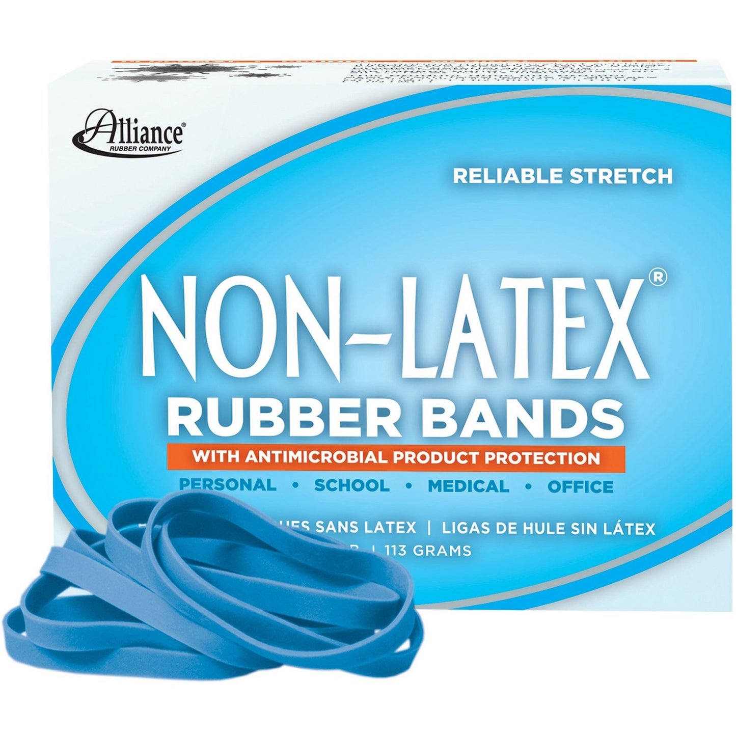 Alliance Non-Latex with Antimicrobial Protection Rubber Bands, Size #64 (3-1/2" x 1/4"), Cyan Blue