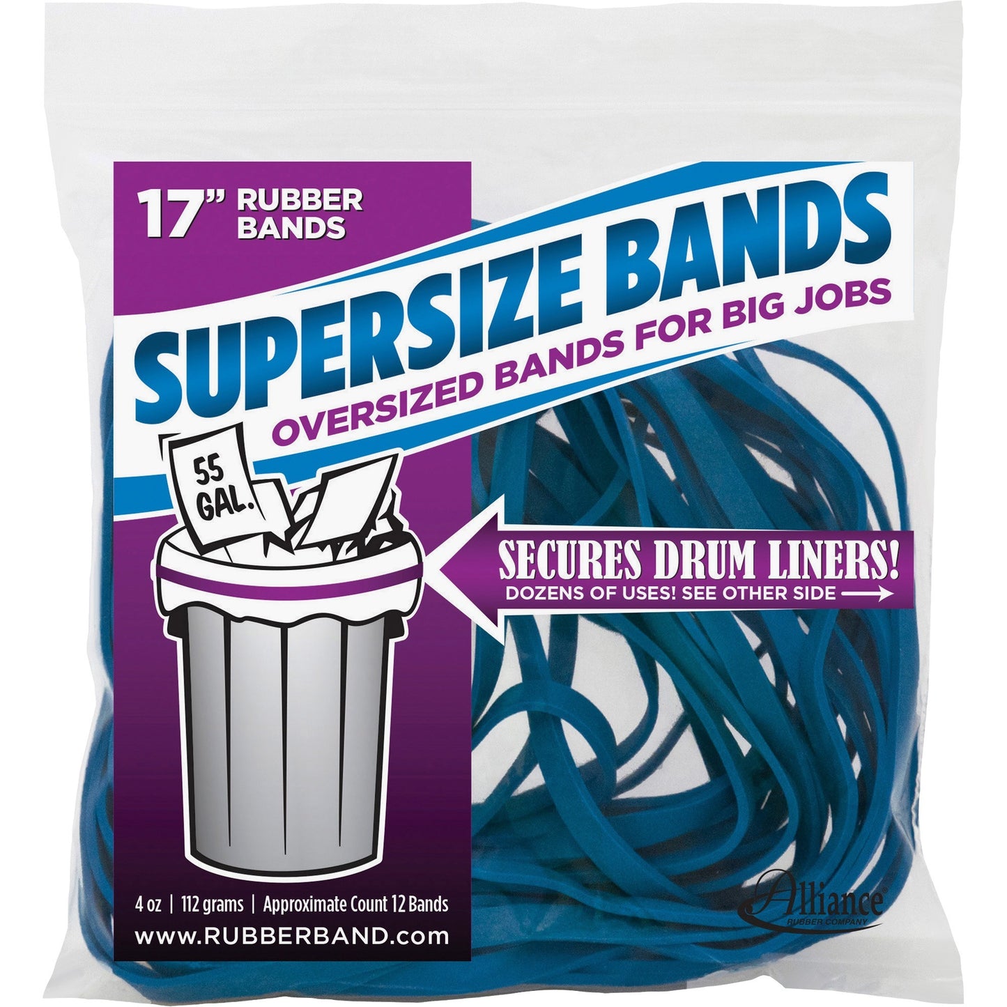 Alliance SuperSize Bands, Large 17" x 1/4" Industrial Rubber Bands, Blue