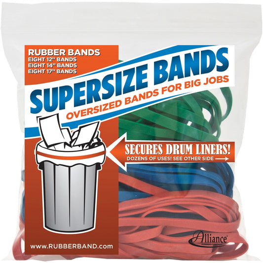 Alliance SuperSize Bands, Asst. Colors and Sizes (12" Red, 14" Green, and 17" Blue), Resealable Bag